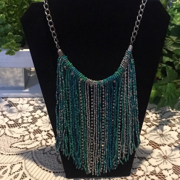 no brand Jewelry - Teal beaded fringe and rhinestone necklace